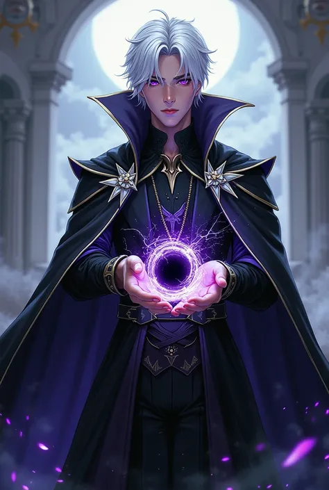 Make a murim manhwa character, with white hair, he has dark purple eyes, He is wearing a black cloak with white and gold details, he is holding a black hole,He is a man and handsome with the appearance of a 20 year old man. I don&#39;t want a realistic cha...