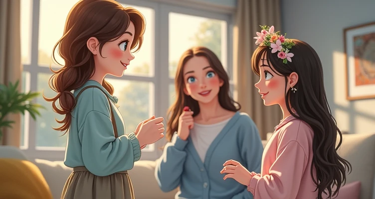 A cozy family scene unfolds in a sunlit living room. The , a captivating blend of her parents features, stands at the center. Her deep blue eyes, full of curiosity, and radiant smile light up the room, while her thick, dark wavy hair, bounce as she moves a...