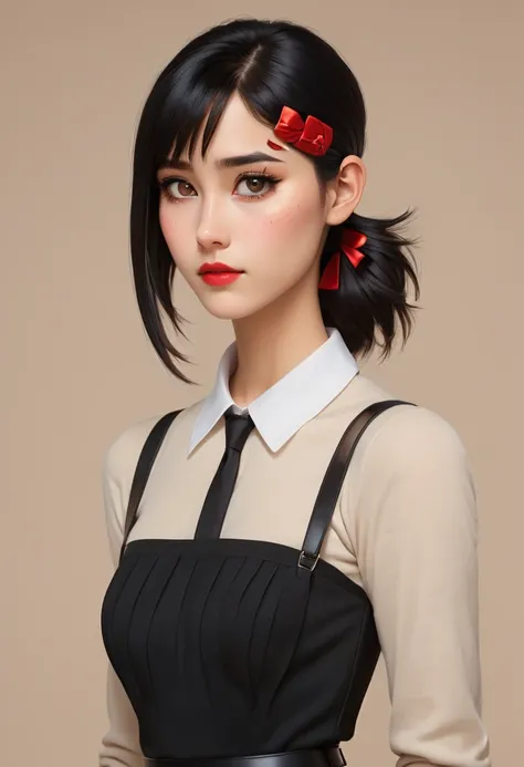 create an image of a character with long black hair styled in a low ponytail, featuring loose strands and adorned with two brigh...