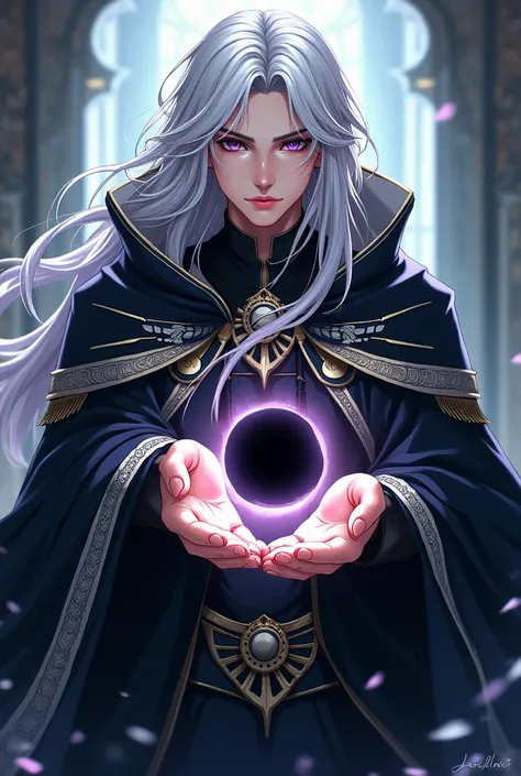 Make a murim manhwa character, with long white hair, he has dark purple eyes, He is wearing a black cloak with white and gold details, there is a black hole in the palm of your hand,He is a man and handsome with the appearance of a 20 year old man. I don&#...