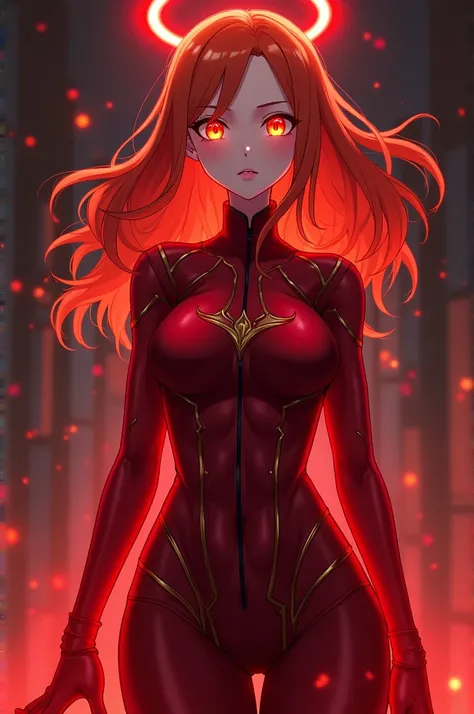 Create a light skinned anime character, without a head but with reddish-orange hair, also with a scarlet witch costume with red and dark red tones, also with red eyes and with a type "corona" red like that of THE SCARLET WITCH