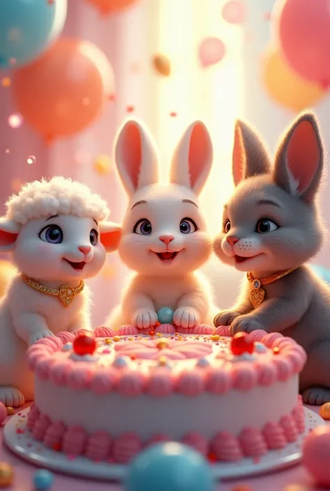 cute、Smiling Lamb、Smiling Rabbit、Smiling Cat、Celebrate with a lavish cake、balloon、Soap bubble、Confetti、masterpiece、Highest quality、Photon Mapping、High Contrast、Glitter、lame、Diamond particles、Multiple Exposure、gem、Light color、Subtle details、race、ribbon、Gorg...