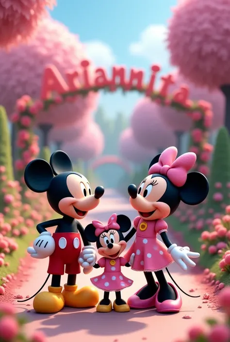 Papa Miki mouse,  Mommy Mini Mouse and her little daughter in a pink park, that in the background is the name of ARIANNITA 