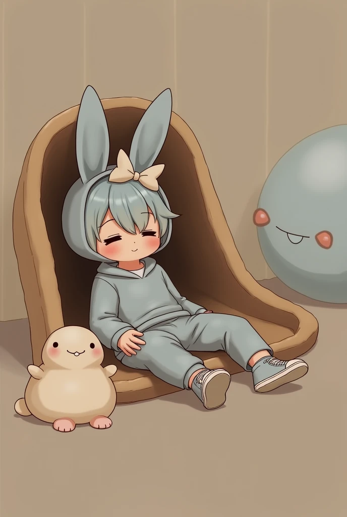 A male anime character with light blue hair, a light blue hat with bunny ears on the sides with bows on the back of the hat, a light blue shirt with a light blue sweatshirt, light blue pants and light blue shoes, with a sitting pose with his legs crossed, ...