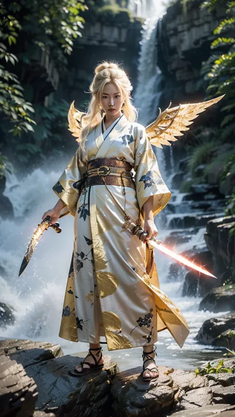 ((((Blonde, GOLD)))), (King, Uplifting, Jump), Survival ((((A colorful kimono with a red base)))), (Ultra HD, Highest quality, High resolution, Surreal, so beautiful), 24000dpi, Beautiful woman, Long Tail, Well-formed eyes, young woman, greatest visual acu...