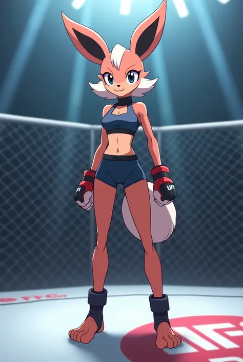 (zPDXL2), (PonyXLV6_Scores), source_anime, source_anthro, 
Solo, an Anthro furry female Lopunny pokemon, black eyes, short hair, tall slender body,  in a high neck sports bra, in tight shorts, wearing UFC gloves, serious face expression, tail, with exposed...