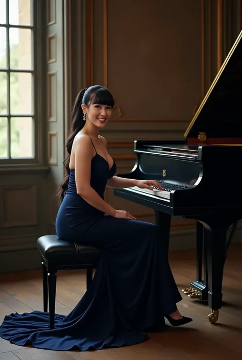 A portrait of an elegant woman, diamonds, jet black brunette ponytail, (((bangs,))) (((nude massive breast))) in her late thirties, wearing a navy blue evening dress with a long train, (((high heels))), sitting on a chair, smiling and playing on black pian...