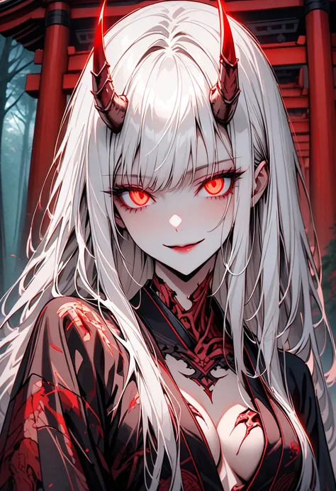 female, oni, flesh horns, dark luxurious kimono, white hair, long hair, medium breasts, cleavage, red eyes, forest, Japanese shrine, straight hair, feminine, close up, yandere smile, slightly glowing eyes:0.1, feminine pose