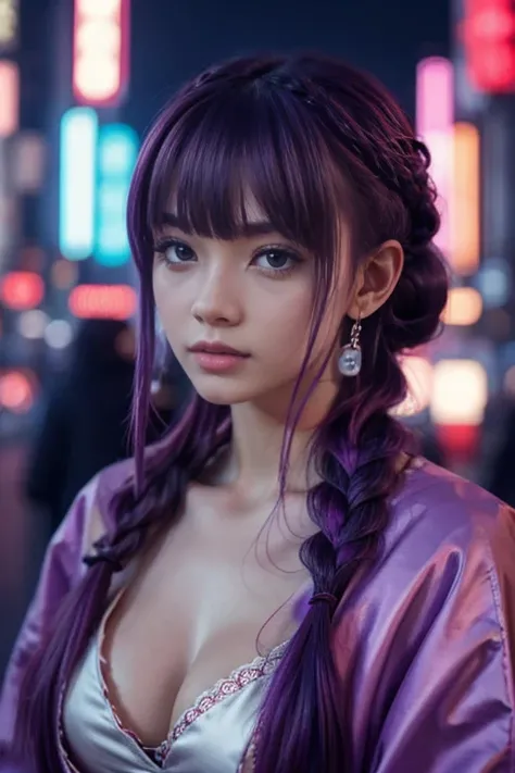 1 girl, choppy bangs, braid, wide sleeves, hair ornament, Japanese clothing, red obi, (purple hair:1.2), Very long hair, smooth fur, looking at the viewer, very detailed background, (realistic photo:1.2), detailed eyes, red eye shadow, Depth of field，airti...