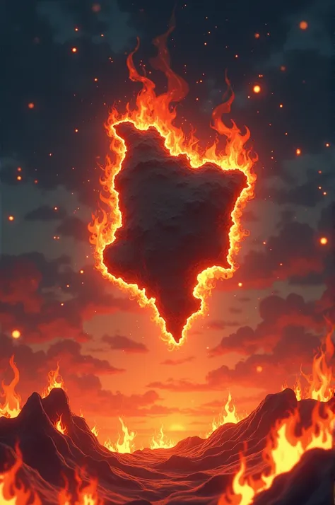 creates a floating image in anime, the geographic map of bolivia over fire