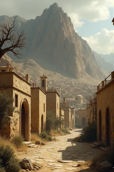 ancient city, Desert, moutain, tree with dry branches, shrubbery, Jewish houses