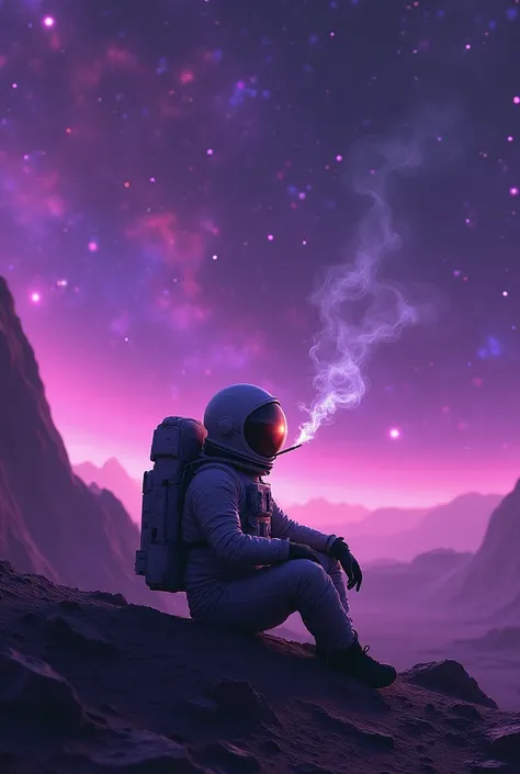 Create an image of a smoking astronaut sitting on a planet in a purple galaxy full of stars with an asthethic vibe 