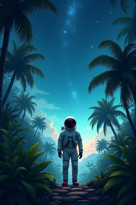 An astronaut in the jungle,clear blue sky with stars