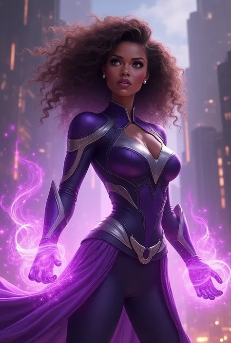 A heroine with purple magic with the same powers as the scarlet witch, she has dark skin and curly hair, add purple and silver details to her uniform, her hair is light brown, make her skin a little lighter