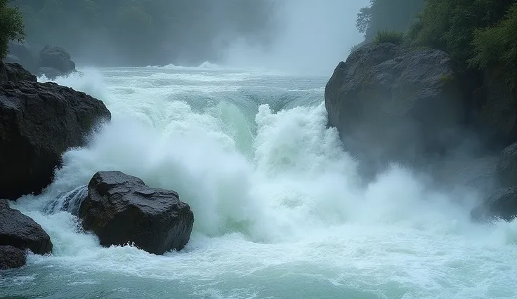  "A shot of a powerful rapid in the Madeira River, where the water cascades over large boulders and creates a submerged waterfall effect. The churning water is white and foamy, surrounded by rugged rocks covered in moss. Mist rises from the crashing waves,...