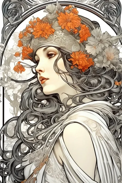 alphonse mucha style - white background, art nouveau in the mucha style, bold line, high contrast, black, white, no gray, detail...