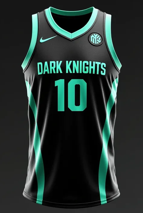 basketball jersey, Black and mint color with number 10 and the name of the Dark Knights team 