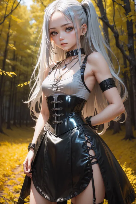 long silver hair, Tank top shirt, latex, little clothing, manacles, a girl, Madura, standing, in the middle of yellow trees, metal corset, Metallic Necklace, best qualityer, high quality of image、Award