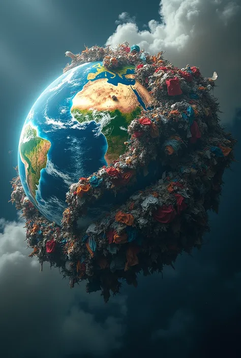 A planet Earth made of polluting textile waste