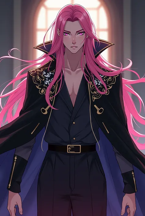 Make a murim manhwa character, with long pink hair, he has dark pink eyes, He is wearing a black cloak with white and gold details, He is a man and handsome with the appearance of a 30 year old man. I don&#39;t want a realistic character just from murim ma...