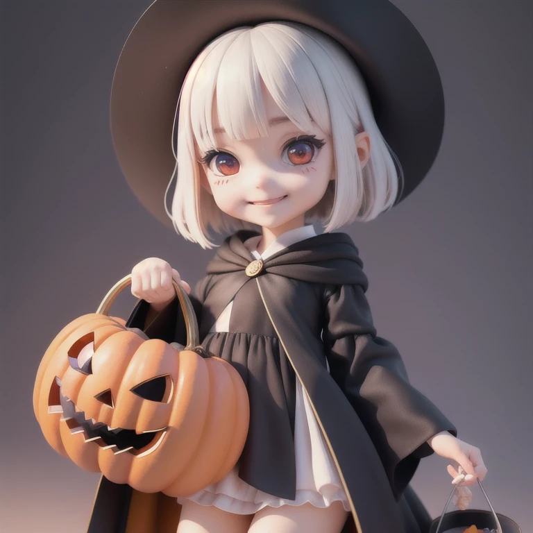 (masterpiece),(Highest quality),(Very detailed), (whole body:1.2),
One girl,Little,cute, smile,
white bob haircut, Red eyes, Witch&#39;s Outfit,
Black tricorn hat,Black Robe,
(Halloween), A pumpkin-shaped bucket filled with sweets,
smile,
玄関で元気にトリックアトリートとs...