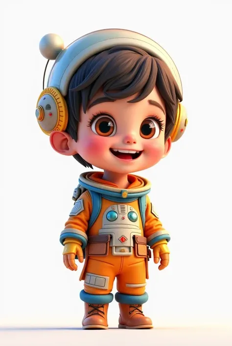 a happy cute kid back short hair, wearing a space costume, , white background, barnet, tom, Pixar-style, ....3d, Cartoon s, face detailed, asymmetrical 16k
