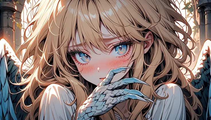 solo, female, close up, warm light, medieval, aviary, harpy girl, large wings, pale blue feathers, short, shy, turquoise eyes, thick lashes, long lashes, curly blonde hair, long hair, shy, white dress, claws, scales on hands, blush, looking at viewer