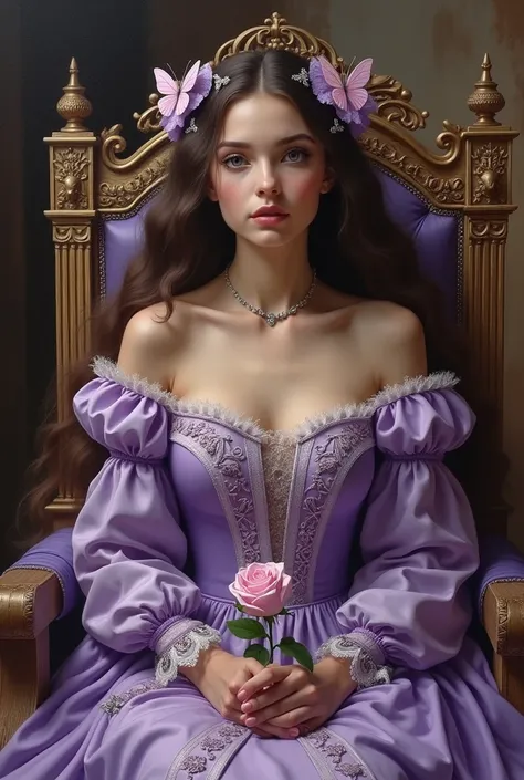 best qualityer, work of art, painting oil on canvas, tanned white skin 
(a deopt-graciedzienny painting by Crvgg, long dark brown hair, lilac violet eyes, some butterfly ornaments, wearing a lilac-colored medieval marquise outfit with embroidery
, long and...