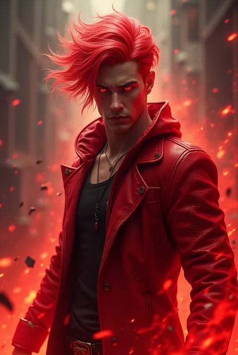 A male  character, that red hair and eyes, red magical aura, red jacket, embodie choas