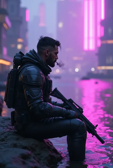 A soldier in futuristic armor sits on the edge of a purple river with a gun at his side and smoking 
