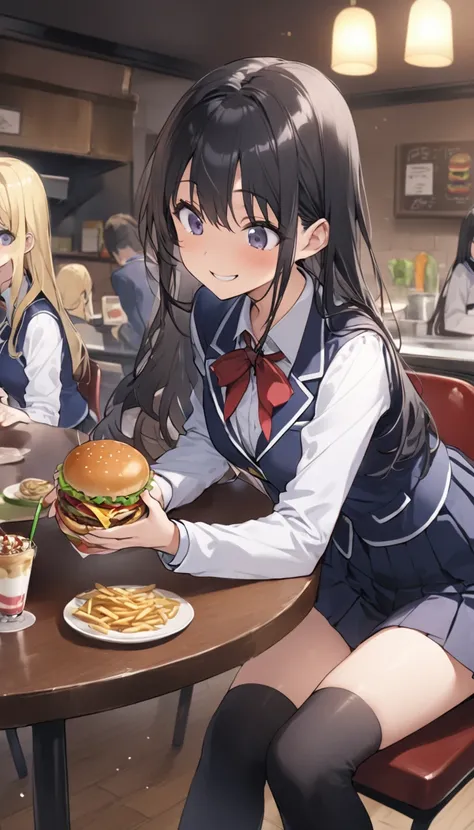 Two Women、Sisters、beautiful girl、Burger Shop、Sit on a chair、Holding a hamburger with both hands、eat、Eat a parfait、Potatoes on the table、high school girl、School、目を閉じてsmile、smile、Blazer uniform、Pleated skirt、Black knee-high socks、Long Hair、Highest quality、Ul...