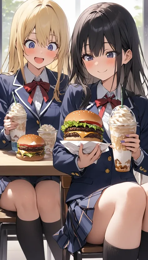 Two Women、Sisters、beautiful girl、Burger Shop、Sit on a chair、Holding a hamburger with both hands、eat、Eat a parfait、Potatoes on the table、high school girl、School、目を閉じてsmile、smile、Blazer uniform、Pleated skirt、Black knee-high socks、Long Hair、Highest quality、Ul...