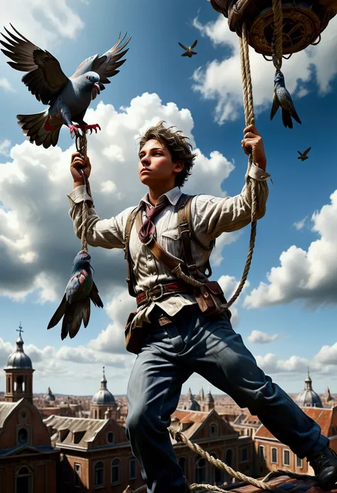 a hyperrealistic photo of a young employee hanging in the air from a rope, rope tied to a flying pigeon, detailed realistic portrait, dramatic lighting, cinematic composition, hyperrealistic, photorealistic, 8k, extremely detailed, masterpiece, intricate d...