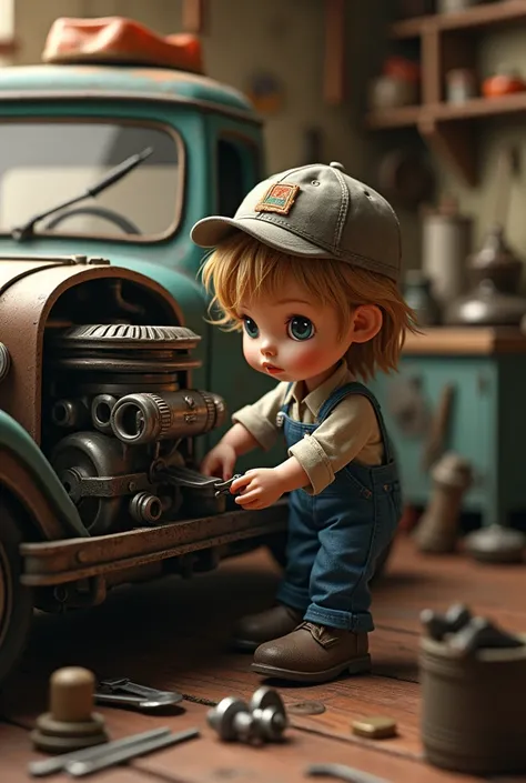 Doll repairing car engine 