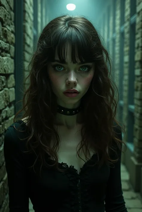 Generate an image of a 20 year old vampire girl. white, greeneyes, very long and voluminous brown curly hair with 70s style bangs. She is psychotic and is locked in Azkaban., Harry Potter Universe Prison.