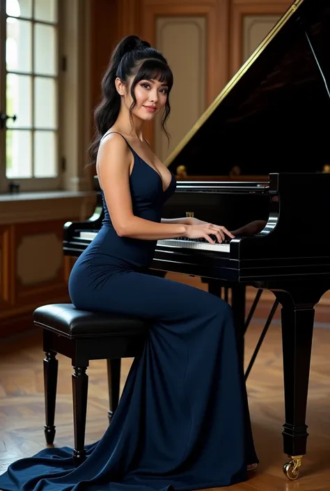 A portrait of an elegant woman, diamonds, jet black brunette ponytail, (((bangs,))) (((nude massive breast))) in her late thirties, wearing a navy blue evening dress with a long train, (((high heels))), sitting on a chair, smiling and playing on black pian...