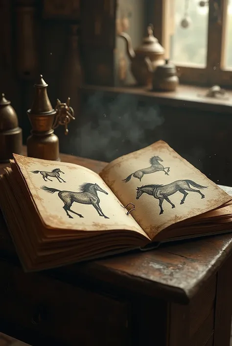 a highly detailed old leather bound journal opened to a page with scratchy handwriting and sketches of kelpies, in a hidden attic room of an old house, moody lighting, realistic, photorealistic, extremely detailed, intricate details, worn pages, dust motes...