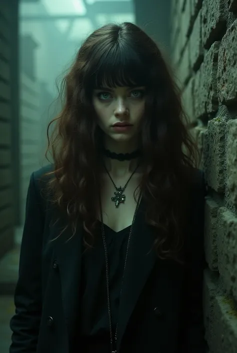 Generate an image of a 20 year old vampire girl. white, greeneyes, very long and voluminous brown curly hair with 70s style bangs. She is psychotic and is locked in Azkaban., Harry Potter Universe Prison.