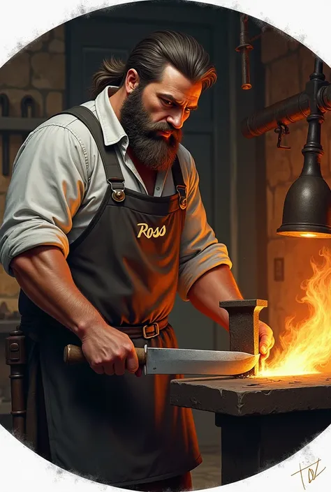 Make a round picture of a blacksmith creating a knife and write ROSS on his apron