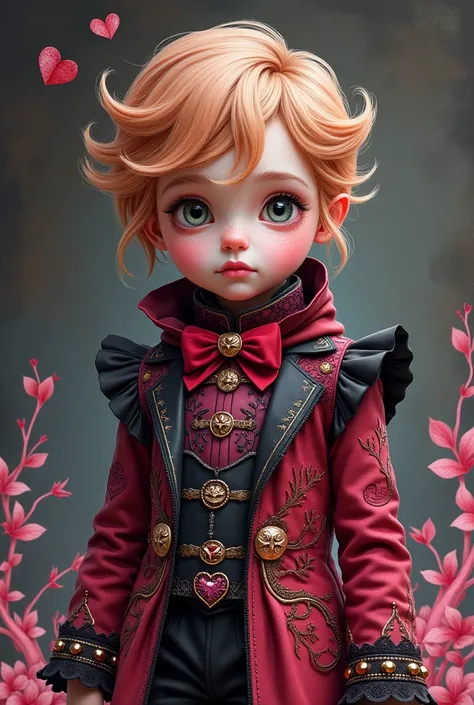 A  androgynous child who is the child of the personification of Halloween and valentines day with a strawberry blonde hair and color scheme and clothes that mix Halloween and Valentines day, Halloween, valentines day, black orange purple red pink white col...