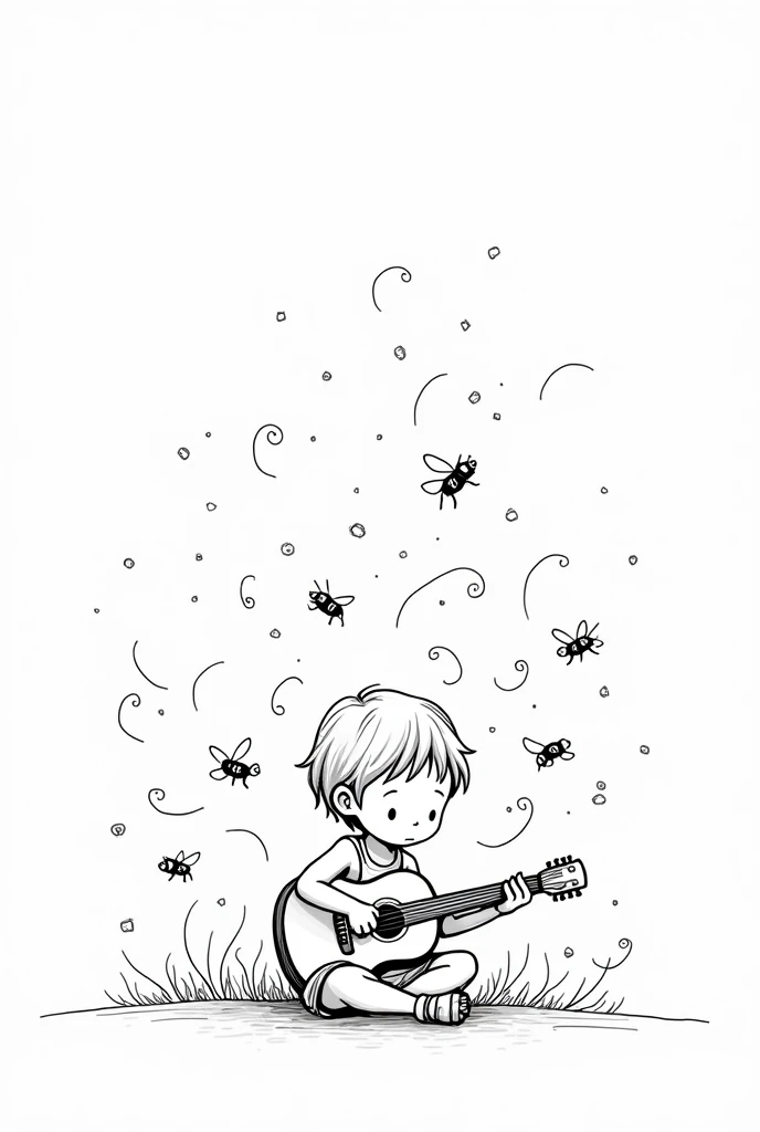 black and white line drawing of a child who plays the guitar while composing songs where around him there are bees and shoal species