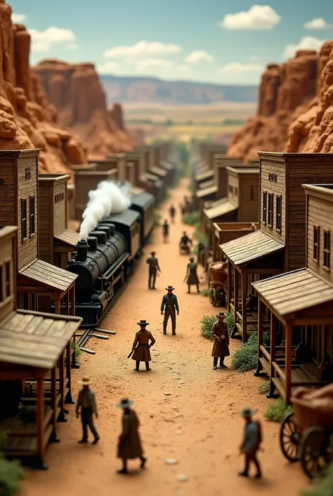 an old west diorama, with a train, a bank, a saloon and a wagon
