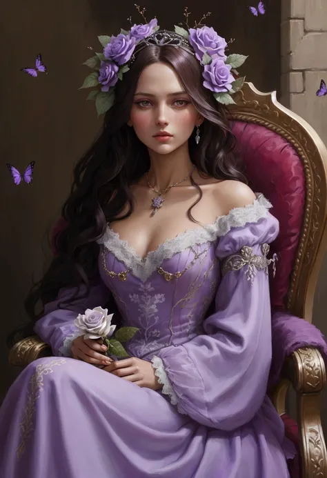 best qualityer, work of art, painting oil on canvas, tanned white skin 
(a deopt-graciedzienny painting by Crvgg, long dark brown hair, lilac violet eyes, some butterfly ornaments as a necklace, details on the dress, wearing a lilac-colored medieval marqui...