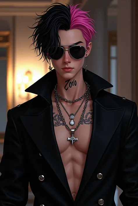 Create a Korean boy wearing a open button black jacket wearing a necklace with a name of ZORO and wearing sunglass have tattoo at neck and have a black pink hair color and have a background of mafia house