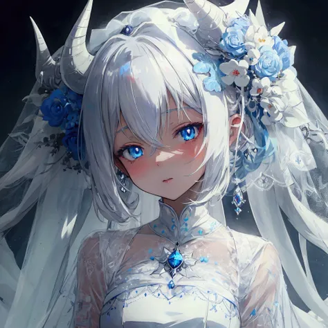 Anime girl with blue eyes in a white dress wearing a veil and horns, Gu Weiss, artwork in the style of Gu Weiss, Gu Weiss masterpiece, Barbie in white, Gu Weiss on pixiv artstation, Gu Weiss on artstation pixiv, Girl design lush corner, White-haired deity,...