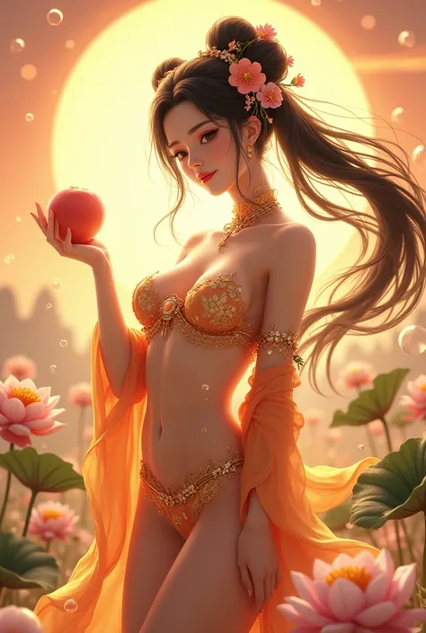 ((Top Quality)), ((Excellent)), (Detailed),((Kisshoten)),((Lakshmi)),((Japanese Goddess of Happiness, Beauty and Wealth)), ((Kisshoten holding a golden peach in her left palm)), ((Nice Hands)),Goddess, Full Body, ((Sunrise)),Ultra-Realistic, Stunning Envir...