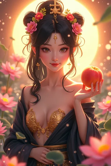 ((Top Quality)), ((Excellent)), (Detailed),((Kisshoten)),((Lakshmi)),((Japanese Goddess of Happiness, Beauty and Wealth)), ((Kisshoten holding a golden peach in her left palm)), ((Nice Hands)),Goddess, Full Body, ((Sunrise)),Ultra-Realistic, Stunning Envir...