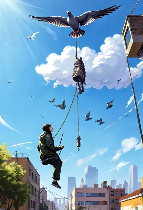 a hyperrealistic graffiti of a person tied to rope hanging straight down from a flying pigeon, a person hanging off that rope, a...