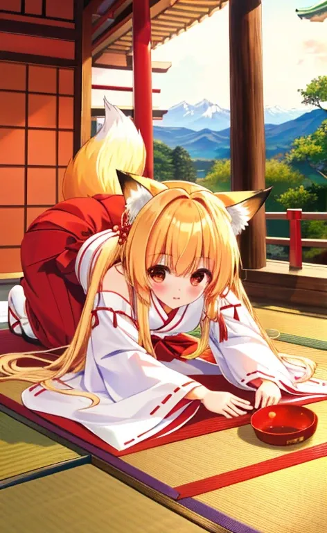 Beautiful long blonde girl　Japanese Shrine Maiden Clothing　Red Hakama　Fox Ears　Fox Tail　shrine　On all fours