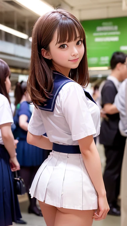 (((White short-sleeved sailor uniform for students:1.2、Dark navy blue pleated student mini skirt、White socks)))、From behind、Rear view、1 girl、Bob Hair、High Ponytail、Student bag、(Walking through a crowded subway station)、Masterpiece:1.3、Raw photo quality、Hig...